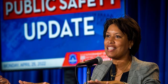 Mayor Muriel Bowser discusses rising violence at a press conference, in Washington, DC.  