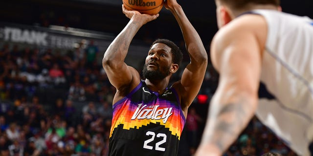 Deandre Ayton of the Phoenix Suns shoots a free throw against the Dallas Mavericks during Game 7 of the 2022 NBA Playoffs Western Conference Semifinals on May 15, 2022, at Footprint Center in Phoenix. 