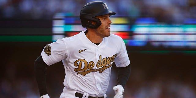 Freddie Freeman #5 of the Los Angeles Dodgers bats against the American League during the 92nd MLB All-Star Game presented by Mastercard at Dodger Stadium on July 19, 2022 in Los Angeles, California. 