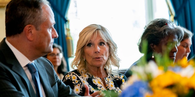 Ukraine's Ambassador to the United States, Oksana Markarova, second from left, joins Olena Zelenska, the first lady of Ukraine, right, for a meeting with first lady Jill Biden in the Blue Room at the White House in Washington, Tuesday, July 19, 2022. (AP Photo/Andrew Harnik)