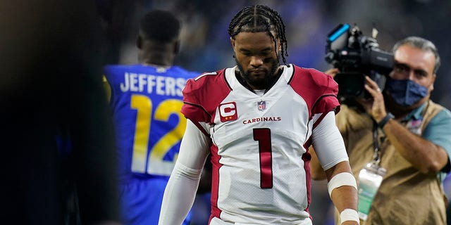 Arizona Cardinals quarterback Kyler Murray walks off the field after the Los Angeles Rams defeated the Cardinals in an NFL wild-card playoff game in Inglewood, Calif., Jan. 17, 2022.