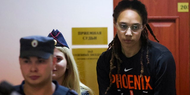 Brittney Griner is escorted to a courtroom for a hearing just outside Moscow on Wednesday, July 27, 2022.