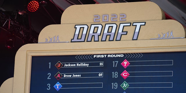 A view of the draft board after the selection of Druw Jones as the second pick overall during the 2022 Major League Baseball Draft at L.A. Live on Sunday, July 17, 2022 in Los Angeles.