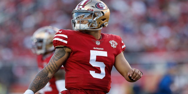 Trey Lance, #5 of the San Francisco 49ers, looks on in the fourth quarter against the Houston Texans at Levi's Stadium on January 02, 2022 in Santa Clara, California.