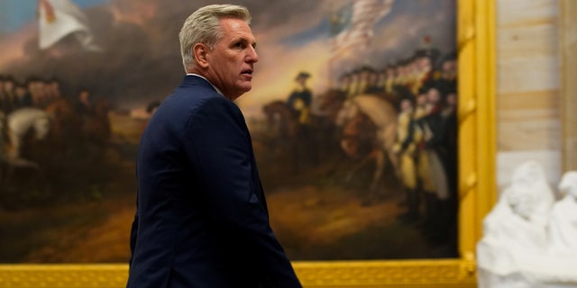 House Minority Leader Kevin McCarthy, R-Calif., walks through the Rotunda at the U.S. Capitol in Washington on Nov. 17, 2021. Various audiotapes of McCarthy leaked out this spring ahead of the 1/6 hearings — he was caught on tape speaking out against former President Trump and his culpability for the Jan. 6 riot.