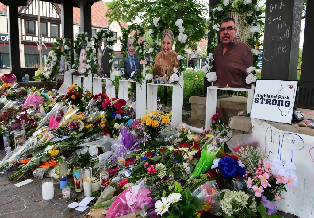 Several memorials are spotted near the scene of the parade mass shooting that killed seven people in Highland Park, Illinois, on July 11, 2022.