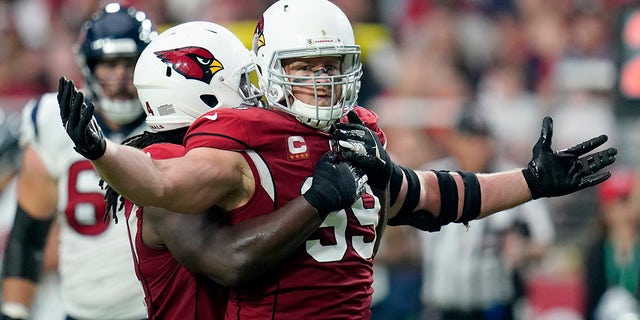 Arizona Cardinals defensive end J.J. Watt (99) celebrates a defensive stop against the Houston Texans during the first half of an NFL game on Oct. 24, 2021, in Glendale, Arizona.