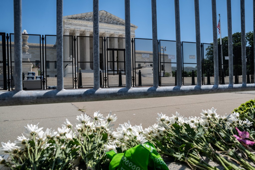 Abortion rights supporters set chrysanthemums outside the Supreme Court i