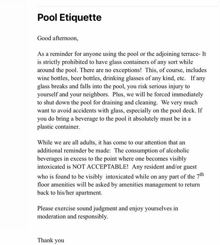 Management at 420 Kent send out a memo to residents on "Pool Etiquette" two weekends ago. 