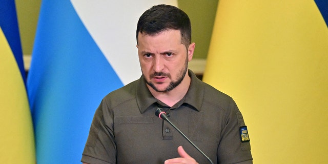 Ukrainian President Volodymyr Zelensky speaks during a joint press conference with Prime Minister of Luxembourg following talks in Kyiv on June 21, 2022.