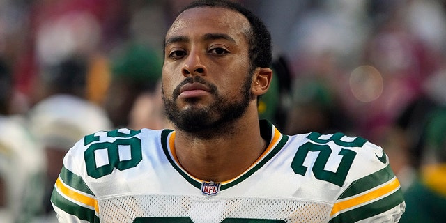 FILE - Green Bay Packers running back A.J. Dillon (28) is shown during the first half of an NFL football game against the Arizona Cardinals, Thursday, Oct. 28, 2021, in Glendale, Ariz.