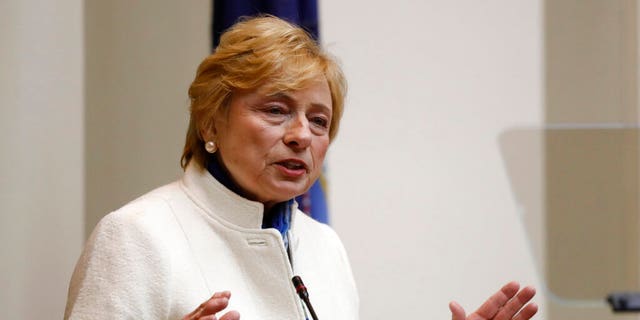 In this Feb. 11, 2019 file photo, Maine Gov. Janet Mills delivers her State of the Budget address to the Legislature at the State House in Augusta, Maine. 