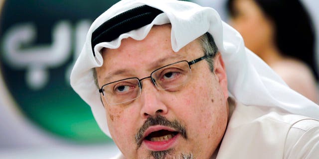 In this 2014 file photo, Saudi journalist Jamal Khashoggi speaks during a news conference in Manama, Bahrain.