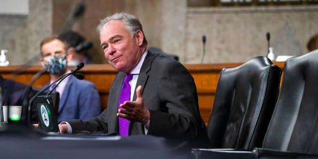 Sen. Tim Kaine, D-Va., questions United States Ambassador to the United Nations nominee Linda Thomas-Greenfield during for her confirmation hearing before the Senate Foreign Relations Committee on Capitol Hill, Wednesday, Jan. 27, 2021, in Washington.