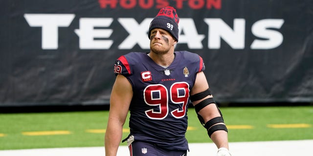 In this Dec. 27, 2020, file photo, Houston Texans defensive end J.J. Watt walks on the field before an NFL game against the Cincinnati Bengals in Houston. 