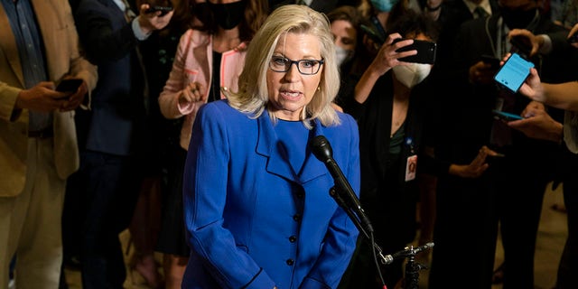 Rep. Liz Cheney, R-Wyo., speaks to reporters at the Capitol in Washington on May 12, 2021.