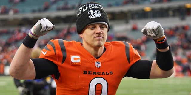 Cincinnati Bengals quarterback Joe Burrow celebrates after the Bengals defeated the Kansas City Chiefs, 34-31, on Jan. 2, 2022, in Cincinnati.