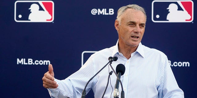 Major League Baseball Commissioner Rob Manfred speaks during a news conference after negotiations with the players' association toward a labor deal, Tuesday, March 1, 2022, at Roger Dean Stadium in Jupiter, Fla. 