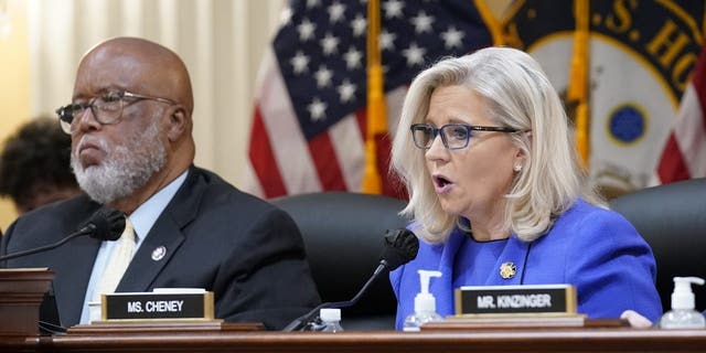 Vice Chair Liz Cheney, R-Wyo., gives her opening remarks as Committee Chairman Rep. Bennie Thompson, D-Miss., left, looks on, as the House select committee investigating the Jan. 6 attack on the U.S. Capitol holds its first public hearing to reveal the findings of a year-long investigation, at the Capitol in Washington, June 9, 2022.