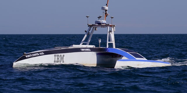 The Mayflower Autonomous Ship is seen sailing about twenty miles off the coast of Plymouth, Mass., after a crewless journey from Plymouth, England. 