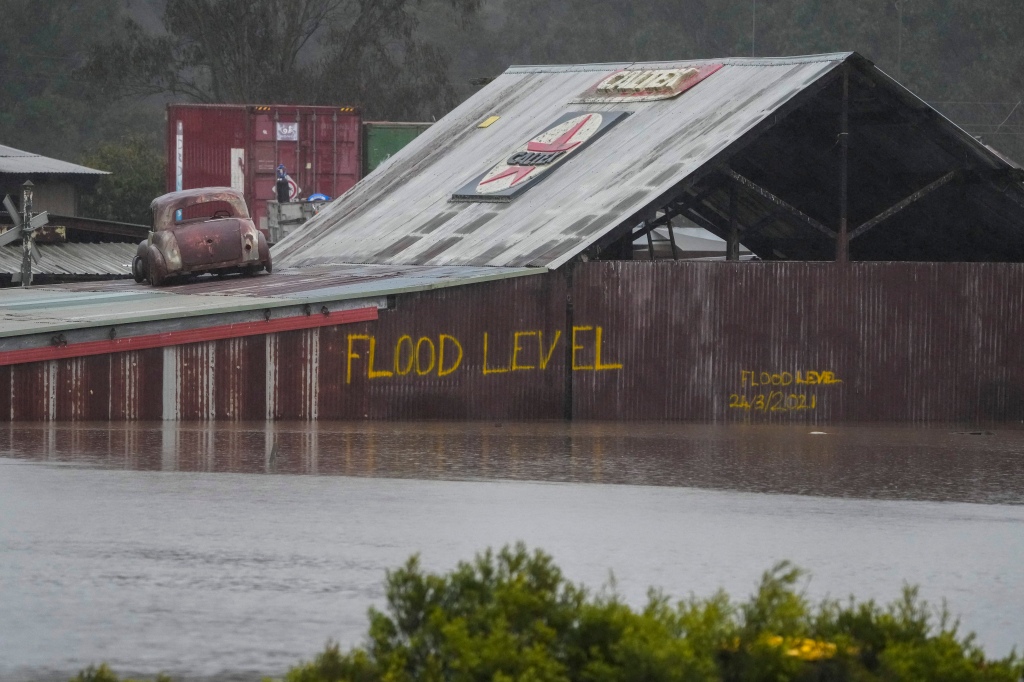 Flood waters surround an industrial property in Londonderry on the outskirts of Sydney, Australia.