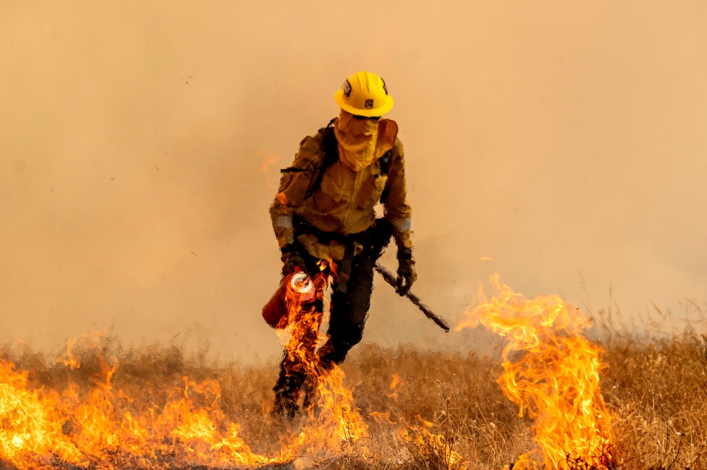 A firefighter burns vegetation while trying to keep the Electra Fire from reaching homes in the Pine Acres community of Amador County, Calif.