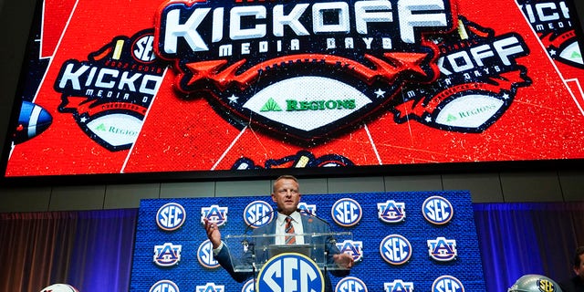 Auburn head coach Bryan Harsin speaks during NCAA college football Southeastern Conference Media Days, Thursday, July 21, 2022, in Atlanta.