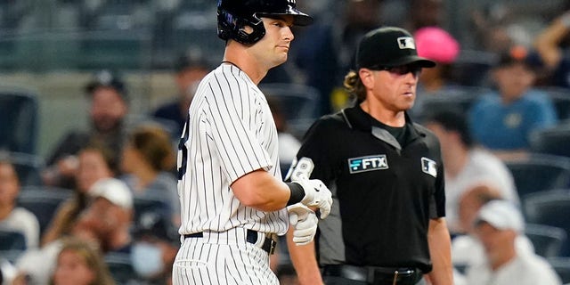 Benintendi reacts after hitting a flyout during the ninth inning of the game against the Kansas City Royals in New York on Thursday, July 28, 2022.