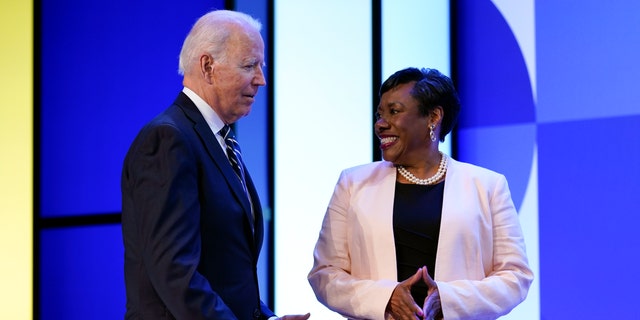 President Biden speaks with National Education Association President Becky Pringle at the NEA's annual meeting at the Walter E. Washington Convention Center in Washington July 2, 2021. 