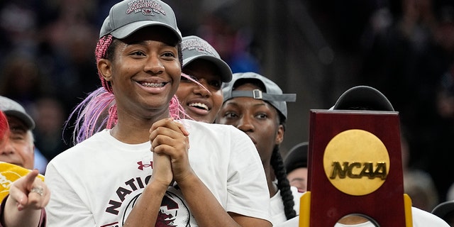 South Carolina's Aliyah Boston smiles after beating Connecticut in the national championship game April 3, 2022, in Minneapolis.