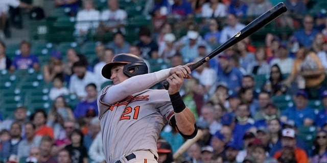 Baltimore Orioles' Austin Hays watches an RBI single off Chicago Cubs starting pitcher Justin Steele during the first inning of a baseball game Wednesday, July 13, 2022, in Chicago. 