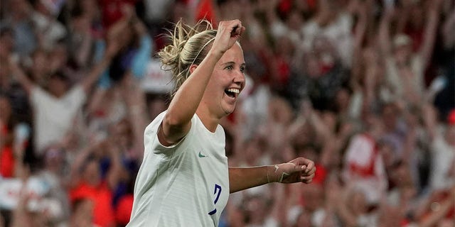 England's Beth Mead celebrates after scoring her third goal, England's 8th, during the Women Euro 2022 group A soccer match between England and Norway at Brighton &amp;amp; Hove Community Stadium in Brighton, England, Monday, July 11, 2022. 