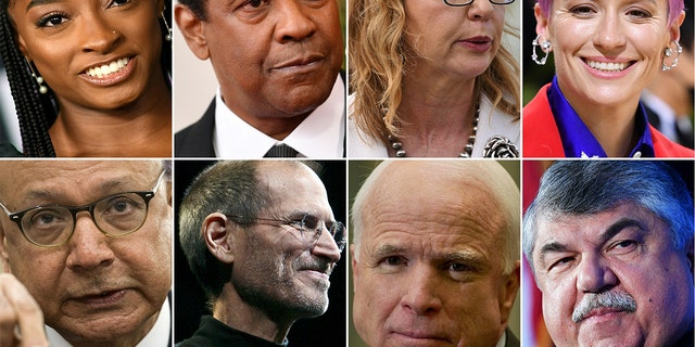 (L-R, top): U.S. gymnast Simone Biles, actor Denzel Washington, former Democratic U.S. Rep. Gabby Giffords and U.S. soccer player Megan Rapinoe. (L-R bottom): Gold Star father Khizr Khan, Apple CEO Steve Jobs. U.S. Republican Sen. from Arizona John McCain and AFL-CIO President Richard Trumka.