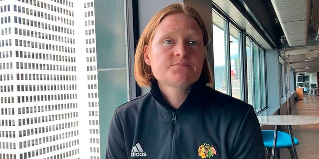 Chicago Blackhawks hockey team assistant general manager Meghan Hunter speaks during an interview ahead of the NHL draft in Montreal, Wednesday, July 6, 2022. Hunter is one of five women currently serving as assistant GMs in the NHL.  