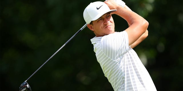 Cameron Champ of the United States plays his shot from the 12th tee during the second round of Travelers Championship at TPC River Highlands on June 24, 2022 in Cromwell, Connecticut. 