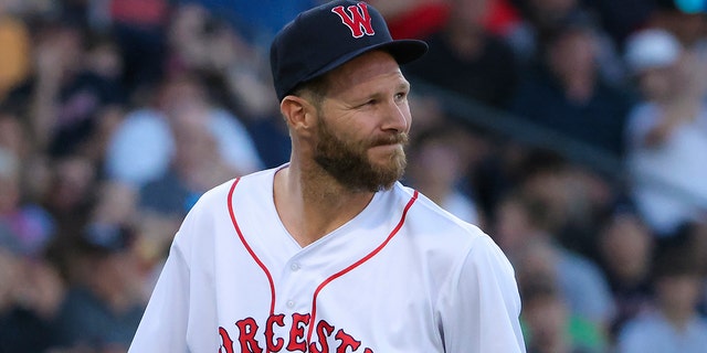 Boston Red Sox pitcher Chris Sale made a rehab start for the WooSox against the Scranton Wilkes-Barre RailRiders, and is pictured her walking off he field after he was taken out during the fourth inning at Polar Park in Worcester, MA.