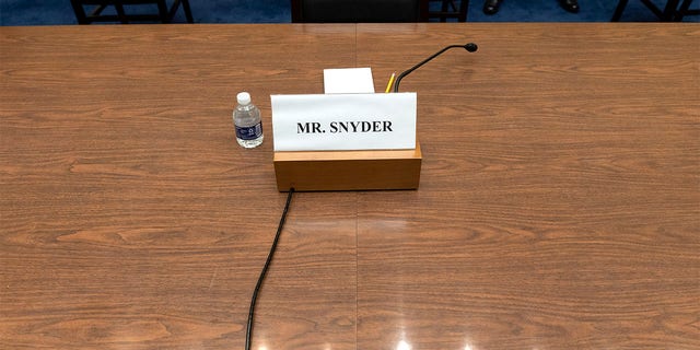 A placard for Washington Commanders' Dan Snyder is seen during a Hous​e Oversight Committee hearing on the Commanders' workplace conduct, on Capitol Hill in Washington, Wednesday, June 22, 2022. Snyder is set to testify later Thursday morning, July 28, before a congressional committee that is investigating the NFL team’s history of workplace misconduct.