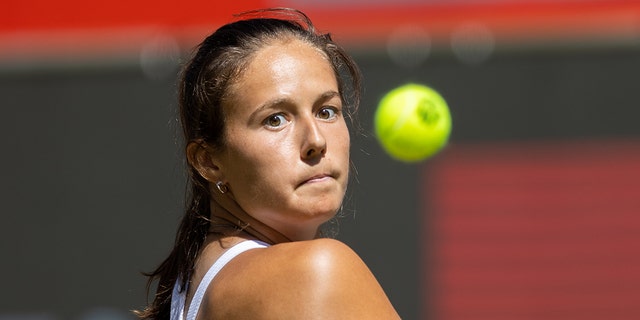 Daria Kasatkina of Russia hits a backhand during the quarterfinal match between Daria Kasatkina of Russia and Maria Sakkari of Greece on day five of the bett1open 2022 Berlin, Part of the Hologic WTA Tour, at LTTC Rot-Weiß e.V. on June 17, 2022 in Berlin, Germany.