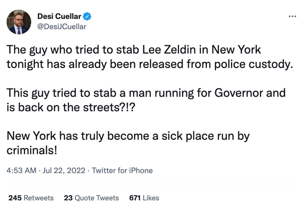 Desi Cuellar, a GOP congressional candidate from Queens slammed the suspect's release under New York's bail reform laws 