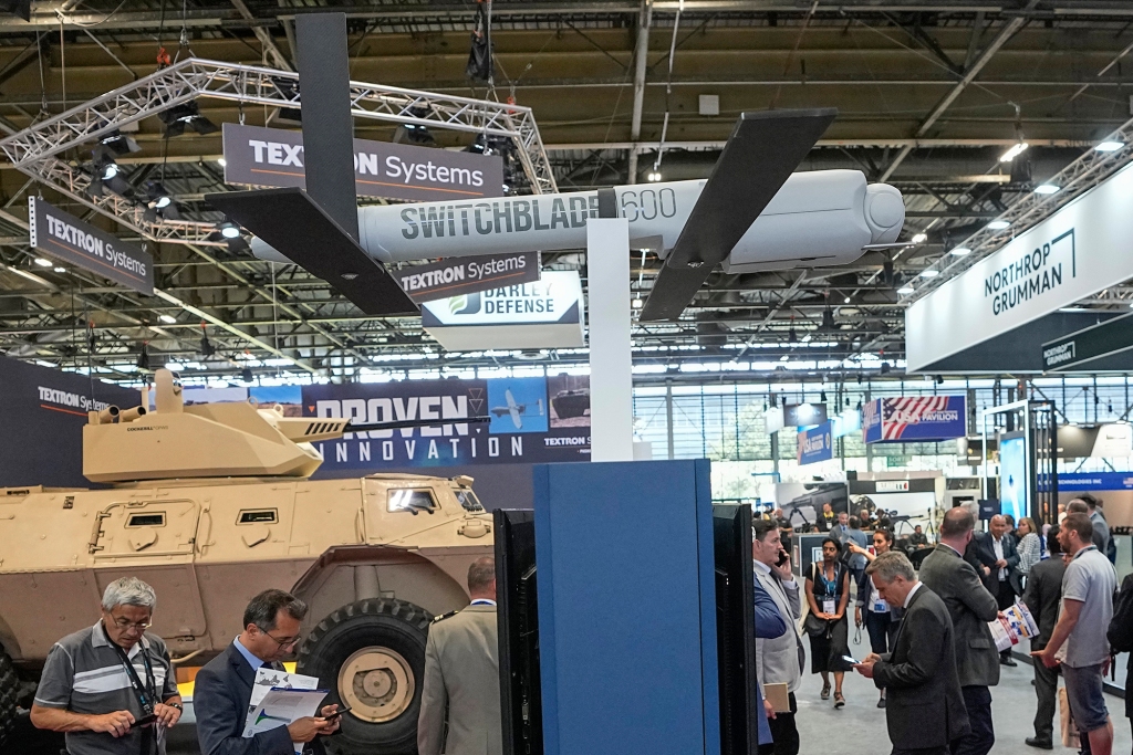 A Switchblade 600 loitering missile drone manufactured by AeroVironment is displayed at the Eurosatory arms show in Villepinte, north of Paris, Tuesday, June 14, 2022.