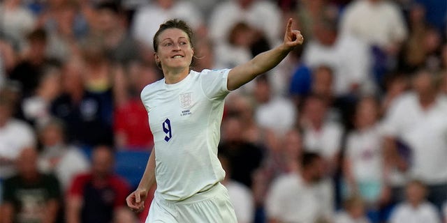 England's Ellen White celebrates after scoring her side's sixth goal during the Women Euro 2022 group A soccer match between England and Norway at Brighton &amp;amp; Hove Community Stadium in Brighton, England, Monday, July 11, 2022. 