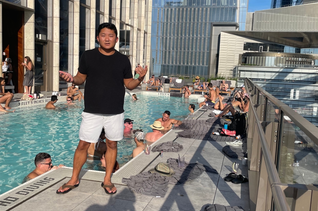 Joseph Bonvouloir (center) pays for a membership at equinox Hudson yards and has noticed it can take nearly 4 hours to secure a pool chair.