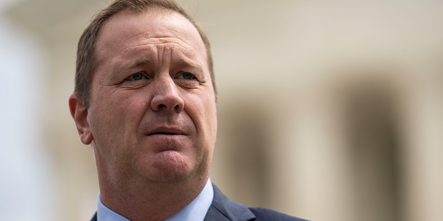 Missouri Attorney General Eric Schmitt speaks to reporters in front of the Supreme Court of the United States on Tuesday, April 26, 2022, in Washington, D.C.