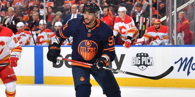 Evander Kane #91 of the Edmonton Oilers skates during Game Four of the Second Round of the 2022 Stanley Cup Playoffs against the Calgary Flames on May 24, 2022 at Rogers Place in Edmonton, Alberta, Canada. 