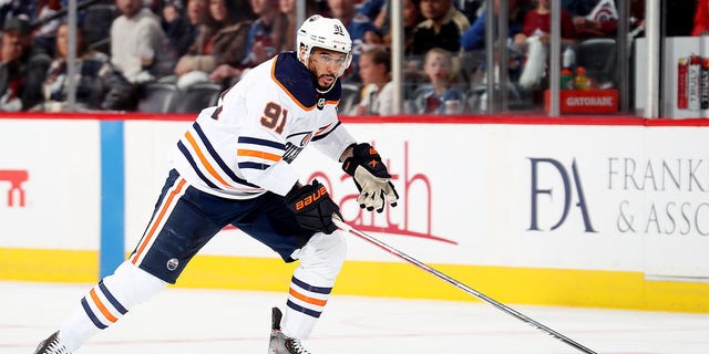 Evander Kane #91 of the Edmonton Oilers skates against the Colorado Avalanche in Game One of the Western Conference Final of the 2022 Stanley Cup Playoffs at Ball Arena on May 31, 2022 in Denver, Colorado. 