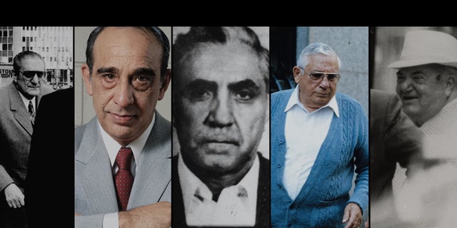 New York City crime family bosses from left to right; Carlo Gambino, Joseph Colombo, Joe Bonanno (formerly Maranzano), Tommy Lucchese (formerly Gagliano) and Vito Genovese (formerly Luciano).