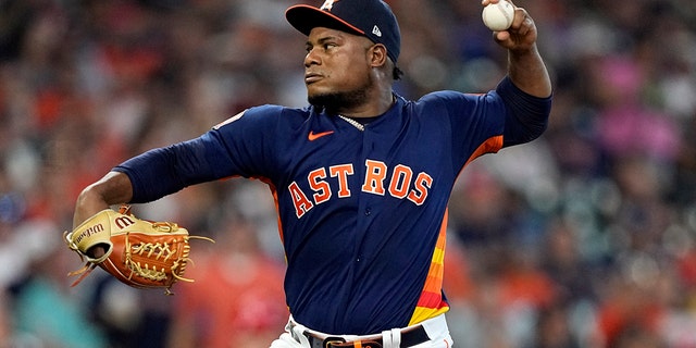 Houston Astros starting pitcher Framber Valdez throws during the first inning of a baseball game against the Los Angeles Angels Sunday, July 3, 2022, in Houston. 