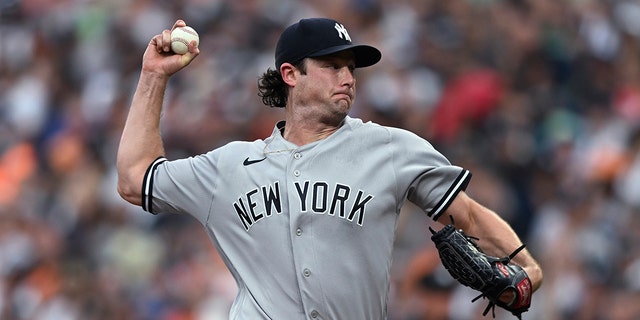 New York Yankees pitcher Gerrit Cole throws to a Baltimore Orioles batter during the first inning Saturday, July 23, 2022, in Baltimore.