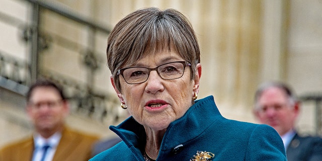 Gov. Laura Kelly delivers her inaugural speech in front of the state Capitol building in Topeka, Kansas, Jan, 14, 2019.