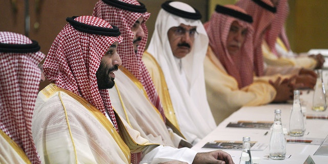 Mohammed bin Salman, Saudi Arabia's crown prince, second to the left, speaks during a meeting on Sunday, June 30, 2019. 